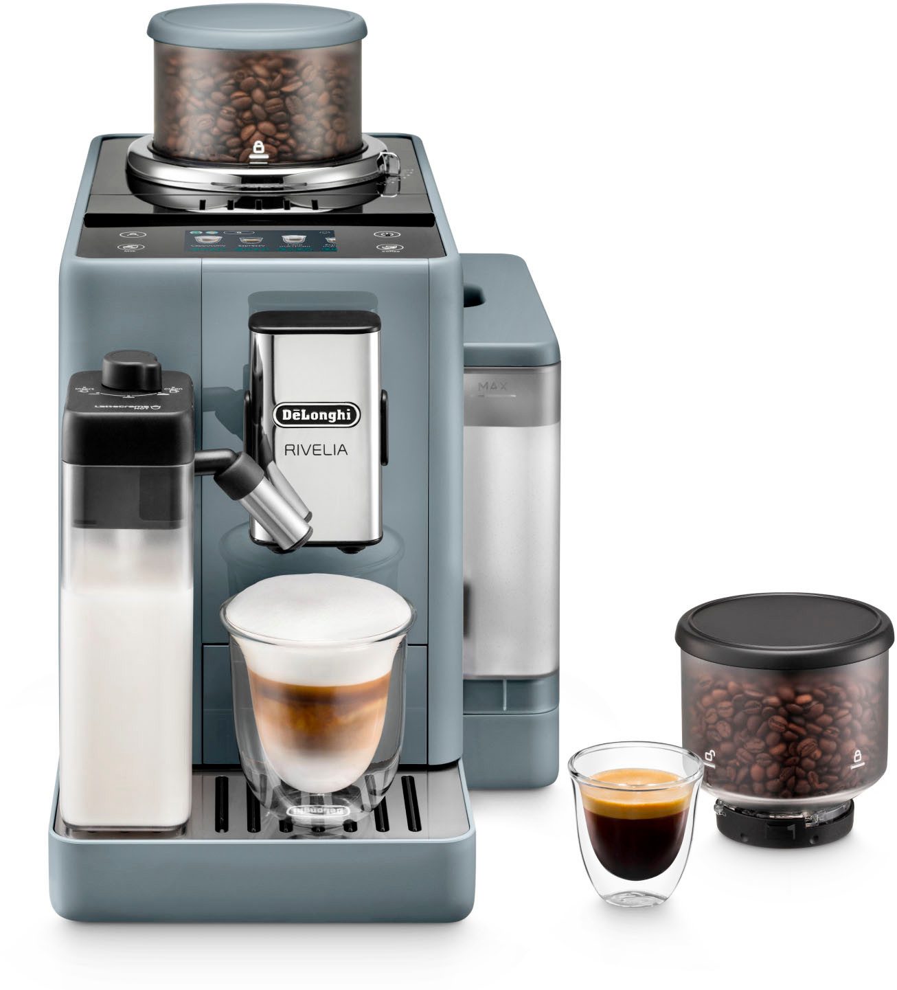 De'Longhi Kaffeevollautomat Rivelia EXAM440.55.G – 16 Kaffee-Rezepte, 2 Barista-Bohnenbehälter, grau